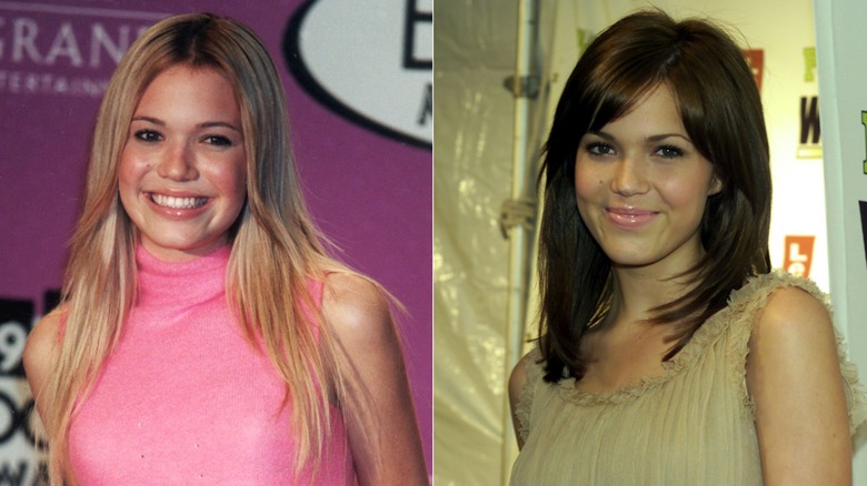 Split image of Mandy Moore as a blond on the left and as a brunette on the right.
