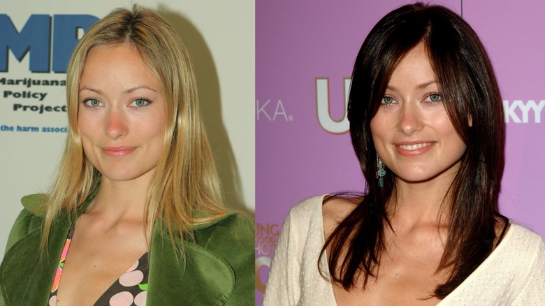 Split image of Olivia Wilde as a blond on the left and as a brunette on the right.