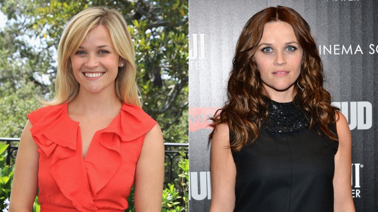 Split image of Reese Witherspoon smiling in a backyard as a blond on the left and as a brunette wearing black on the right.