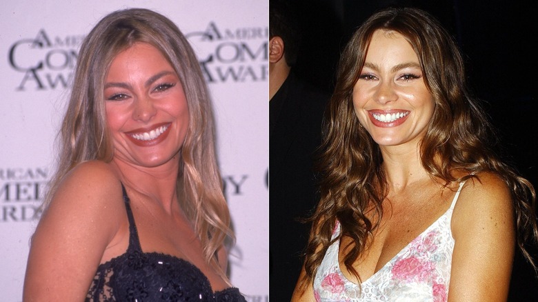 Split image of Sofía Vergara smiling as a blond on the left and as a brunette on the right.