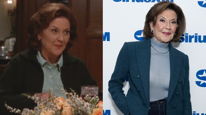 Split image of Kelly Bishop as Emily Gilmore in Gilmore Girls on the left and posing in a turtleneck and blazer on the right.