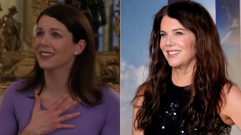 Side-by-side image of Lauren Graham in Season 1 of Gilmore Girls on the left, and posing at an event on the right.