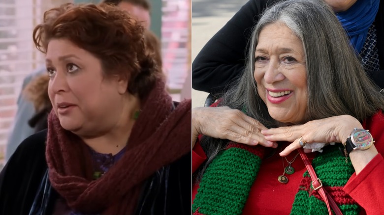 Split image of Liz Torres in Gilmore Girls on the left and posing with her hands by her face on the right.
