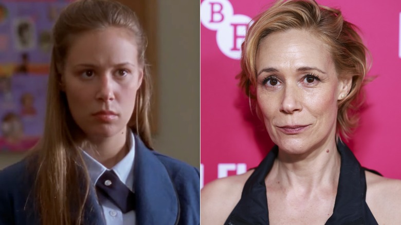 Split image of Liza Weil in Gilmore Girls on the left and posing against a pink background on the right.