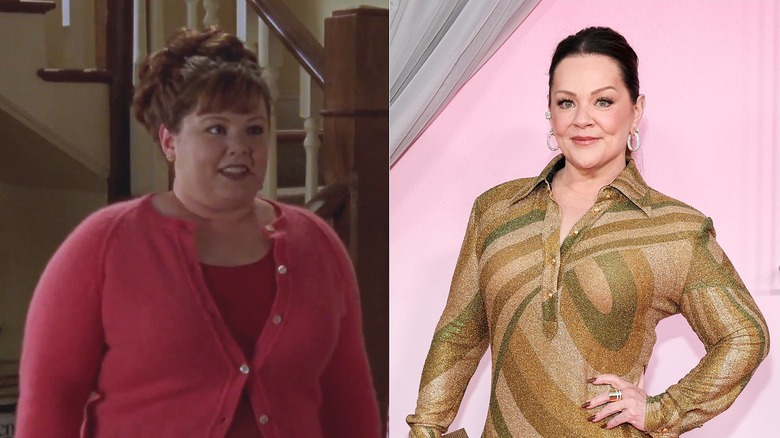 Split image of Melissa McCarthy in Gilmore Girls on the left and posing in a gold dress on a red carpet on the right.