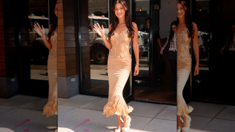 Bella Hadid nude long dress kitten heels