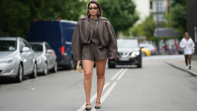 brown-grey short-shorts and jacket