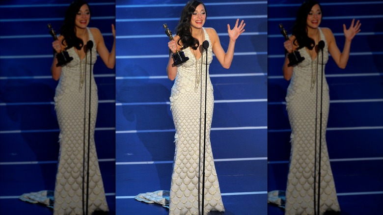 Marion Cotillard on stage to accept her best actress award at the 80th annual Academy Awards in Los Angeles in February 2008