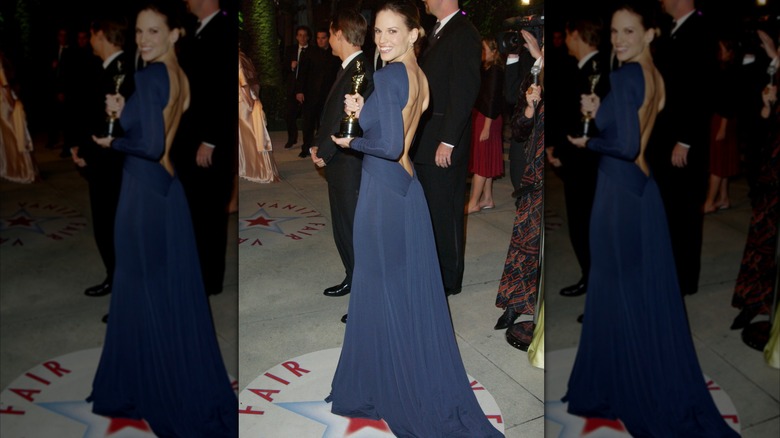 Hilary Swank with her best actress Oscars at the Vanity Fair after-party for the 77th annual Academy Awards in February 2005