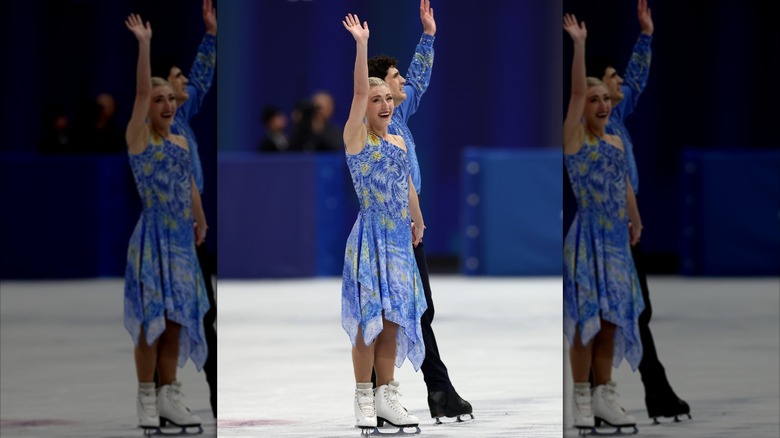 Piper Gilles waves to the crowd after her figure-skating routine