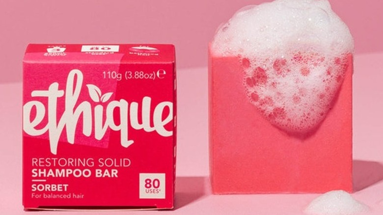 Pink bar of soapy shampoo