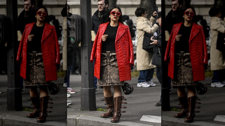 woman wearing brown buckled boots