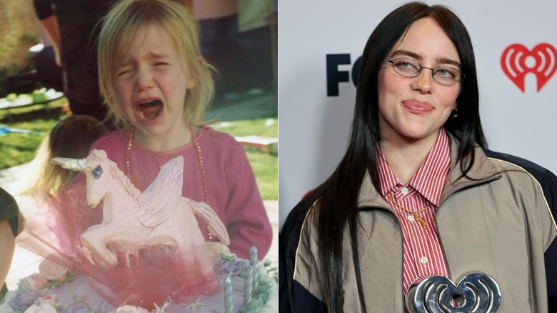 A side-by-side image of Billie Eilish with blond hair as a kid and dark hair as an adult