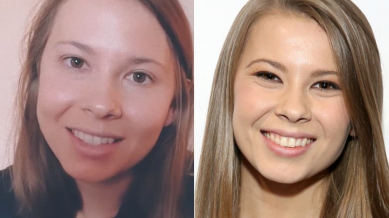 Bindi Irwin in no makeup vs Bindi Irwin with minimal coverage and eyeliner