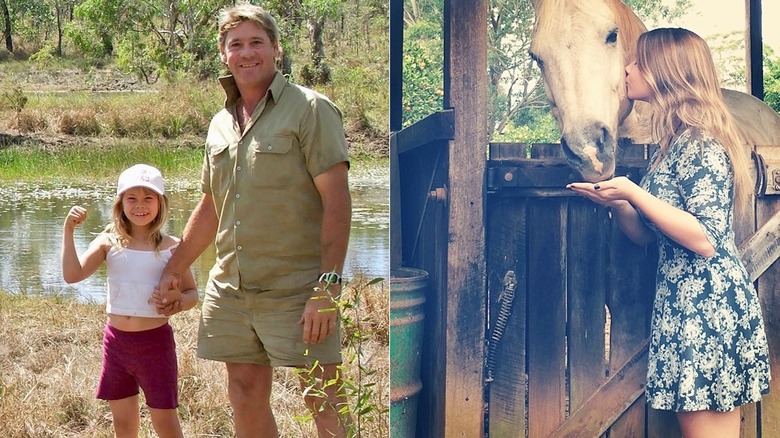 A split image of Bindi Irwin and Steve Irwin, and Bindi Irwin kissing a horse