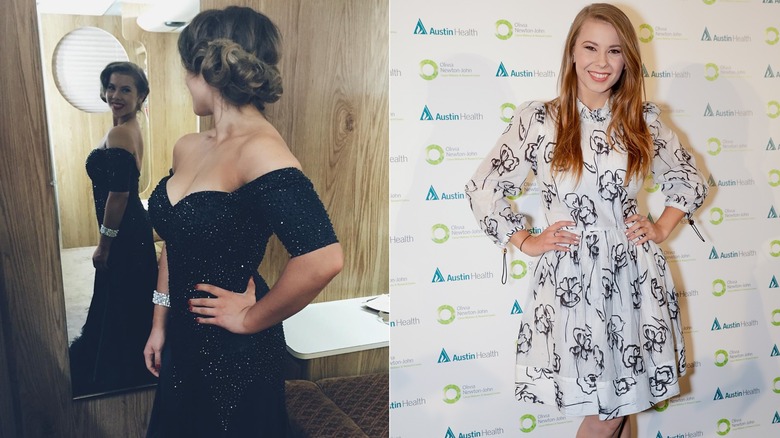 Bindi Irwin posing in a glamorous black dress, and Bindi Irwin in a white dress with black details