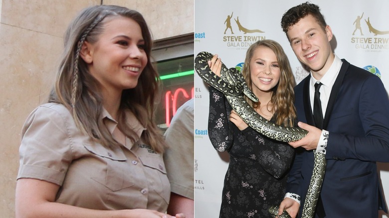 Bindi Irwin with a braid in her hair, and Bindi Irwin holding a snake