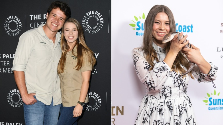 Bindi Irwin posing with Chandler Powell, and Bindi Irwin holding a lizard