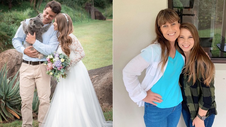 Bindi Irwin and Chandler Powell with a koala on their wedding day, and Bindi posing with Terri Irwin