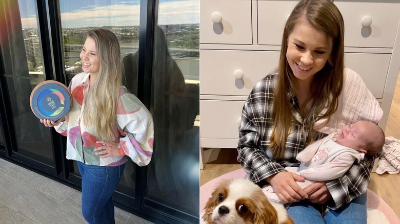 Bindi Irwin posing in a colorful top, and posing with daughter Grace
