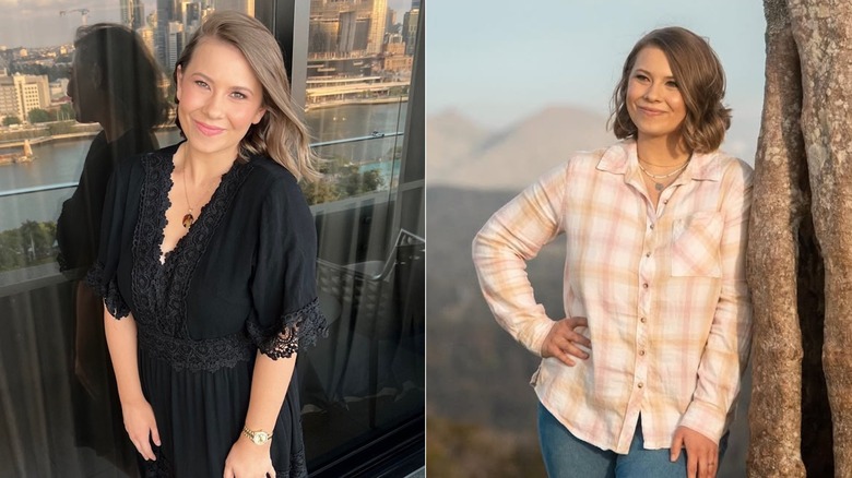 Bindi Irwin posing in a black dress, and Bindi posing in a plaid shirt with a bob