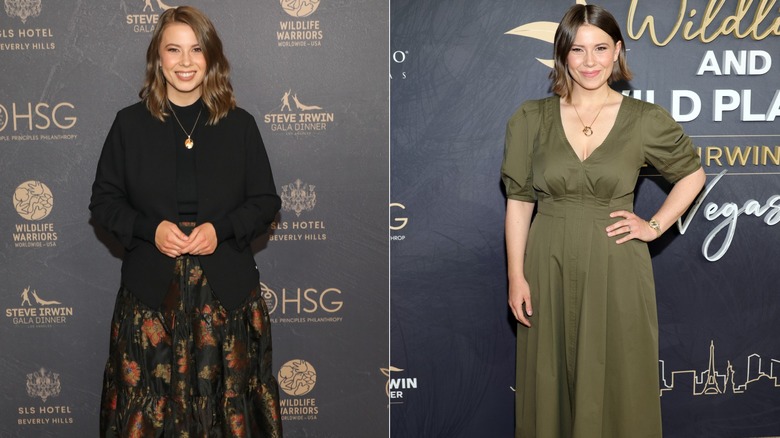 Bindi Irwin in a black cardigan with a floral maxi, and Bindi posing in a khaki dress