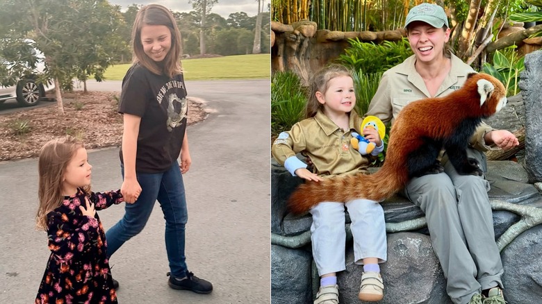 Bindi Irwin walkig with daughter Grace, and sitting with Grace and a red panda
