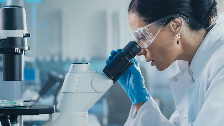 scientist looking in microscope