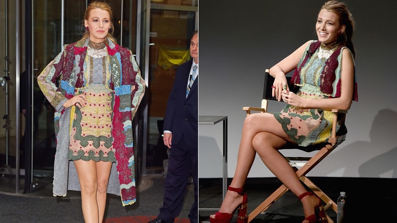 Blake Lively wearing a colorful paisley dress and coat in 2015
