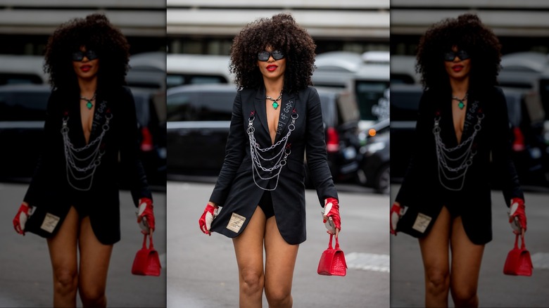 woman wearing a blazer dress with metal