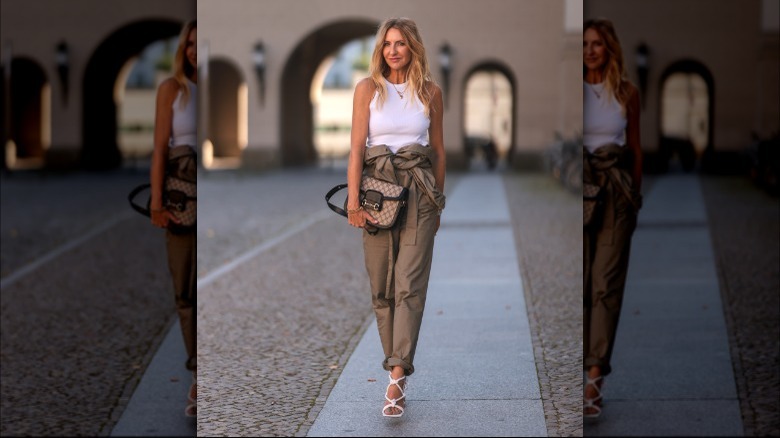 Sue Giers wearing boiler suit jumpsuit