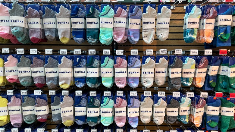 Bombas socks hung up in a store