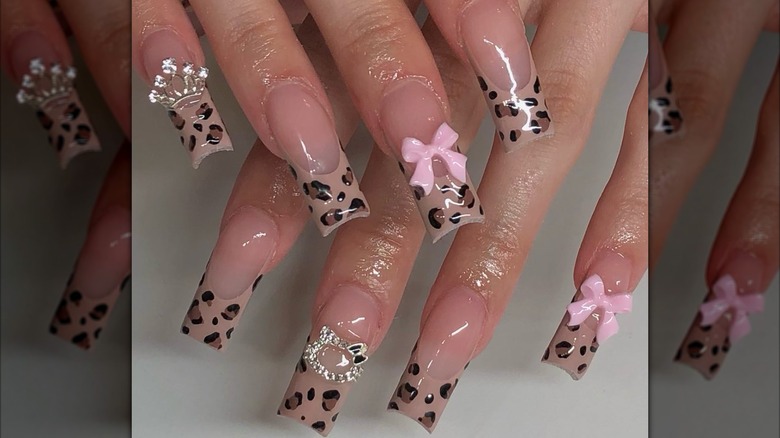 long square cheetah nails pink bows