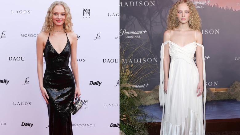 Split image of actor Amiah Miller wearing a black sequin dress on the left and a white off-the-shoulder dress on the right