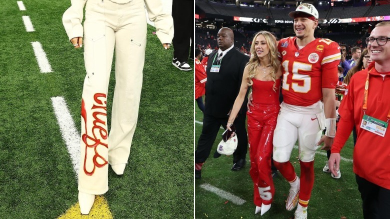 Brittany Mahomes wearing an all-white outfit to support her husband, Patrick Mahomes, at the 2025 Super Bowl