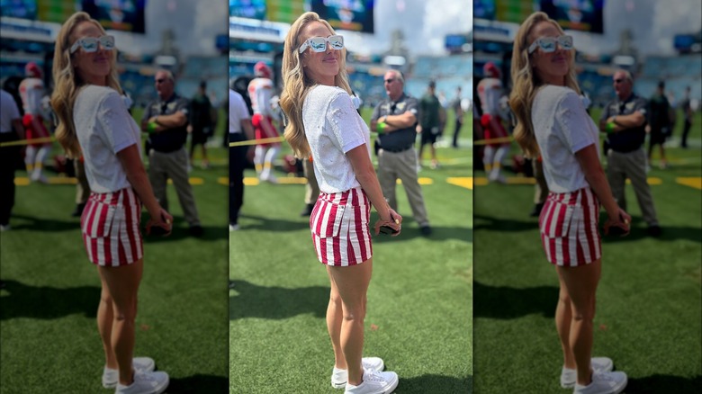 White sequined top red and white shorts