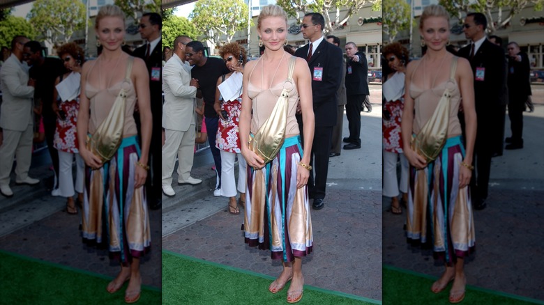 Cameron Diaz in a midi skirt at the "Shrek 2" premiere