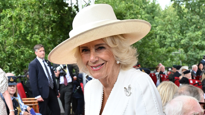 Queen Camilla photographed wearing a white outfit at the Service of Remembrance