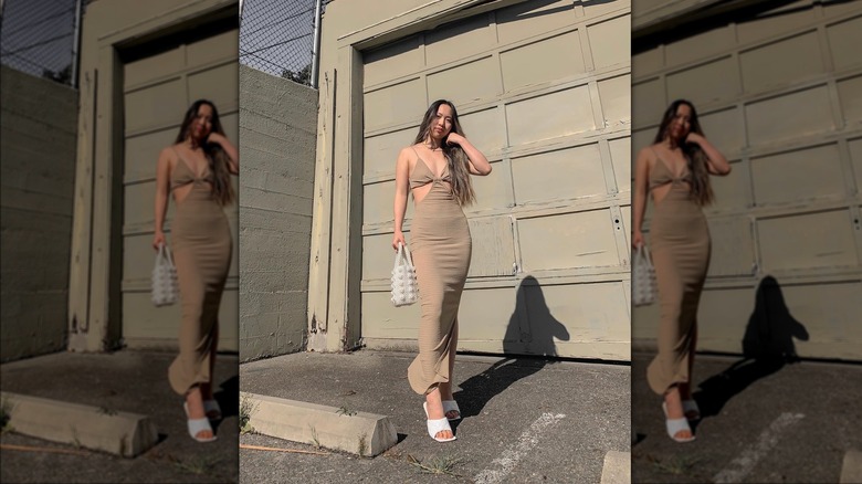 Woman wearing a beige cut-out dress