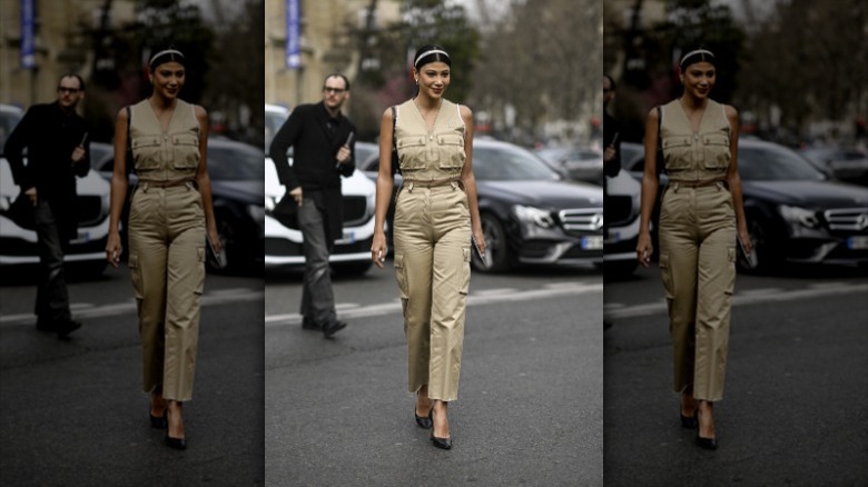 woman wearing neutral cargo outfit