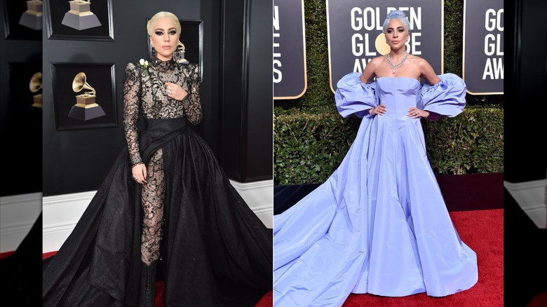Split image of Lady Gaga at the 2018 Grammy Awards wearing a black lace gown on the left and the 2019 Golden Globe Awards wearing a periwinkle gown on the right..