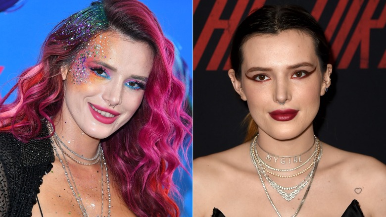 Side-by-side images of Bella Thorne with quirky makeup.
