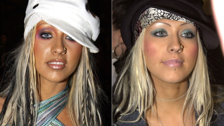 Side-by-side images of Christina Aguilera with Y2K makeup.