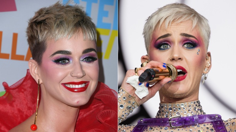 Side-by-side images of Katy Perry with colorful makeup.