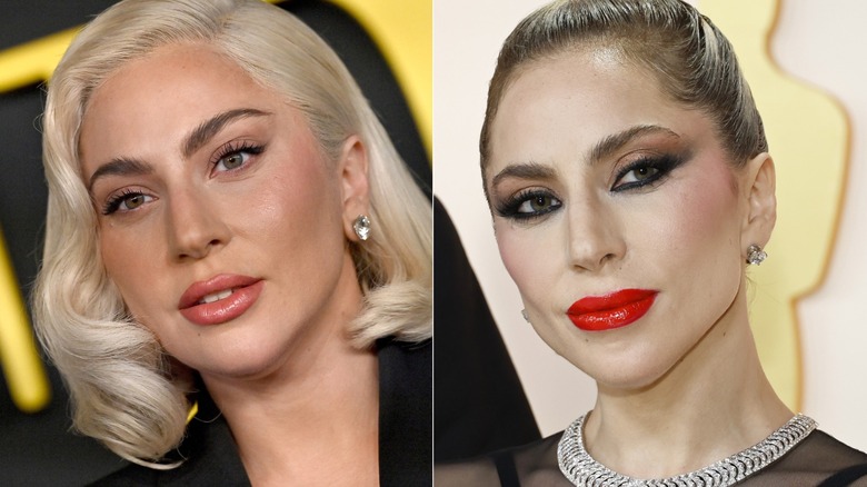 Side-by-side images of Lady Gaga with fluffy eyebrows.