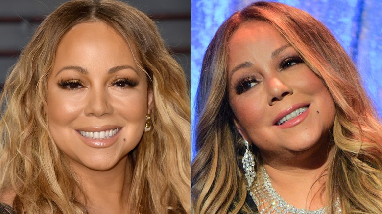 Side-by-side images of Mariah Carey with false eyelashes.