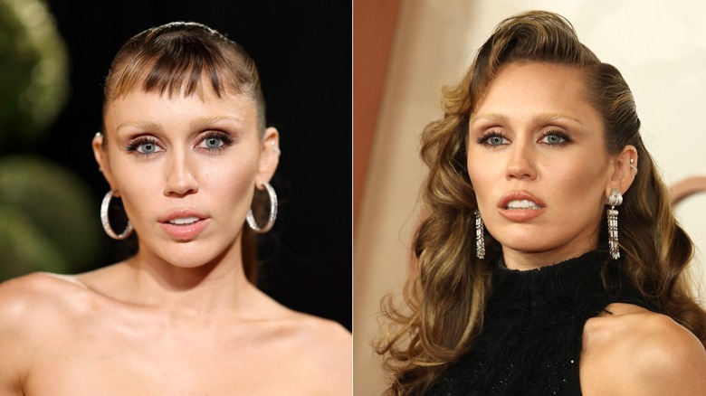 Side-by-side images of Miley Cyrus with bleached eyebrows.