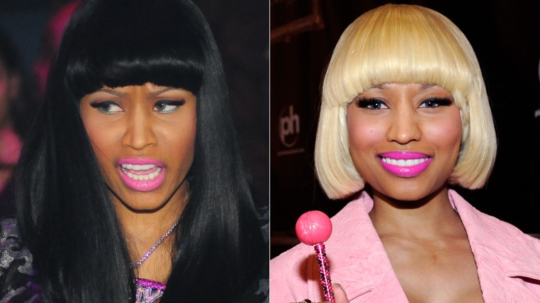 Side-by-side images of Nicki Minaj with-hot pink lipstick.