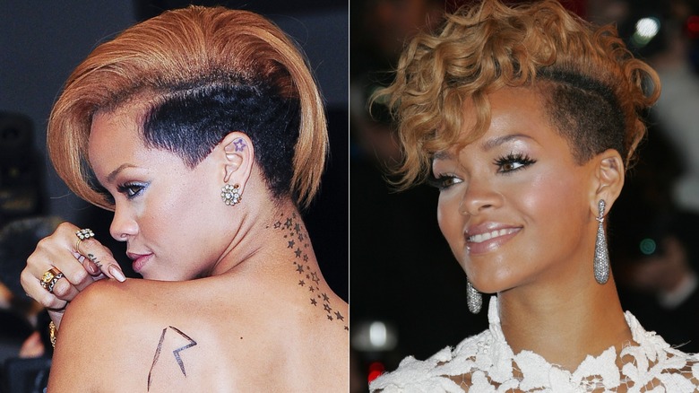 Side-by-side images of Rihanna with very light under eye concealer.