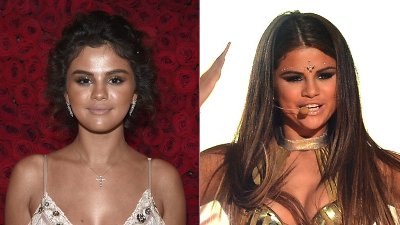 Side-by-side images of Selena Gomez with nude lips.